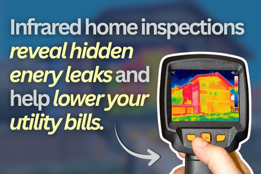 Image showing a home with thermal colors highlighting heat loss areas, illustrating how infrared inspections help lower energy bills.