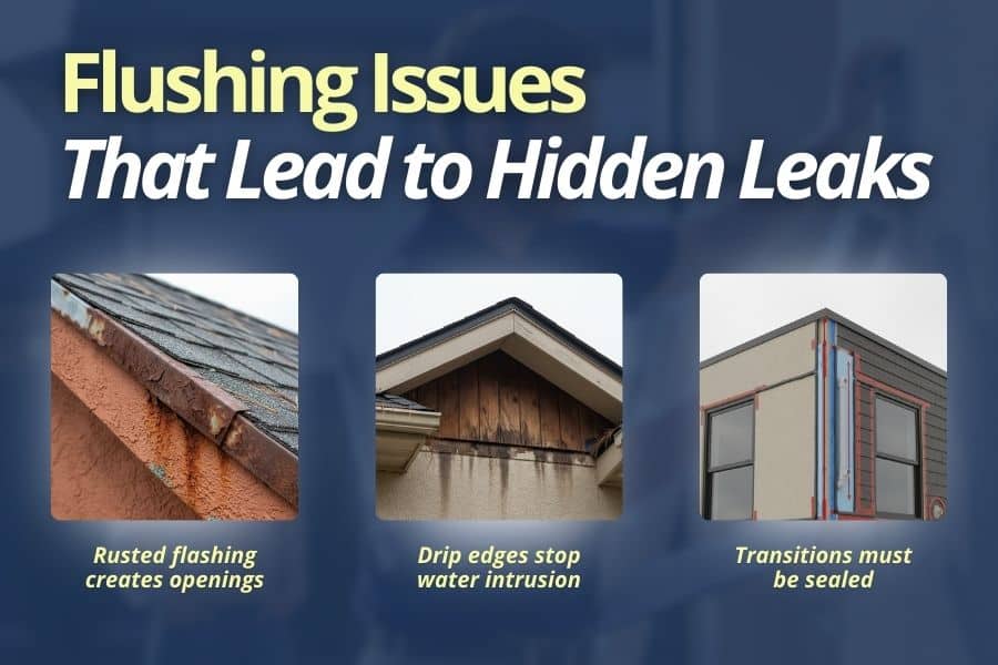 Image showing rusted flashing, missing drip edges, and poor transitions.