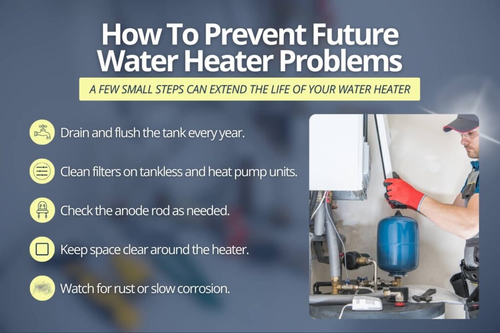 A graphic outlining simple tips to prevent water heater problems, such as regular maintenance, checking for leaks, and adjusting the temperature safely.
